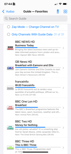Cordbox's programme guide, showing several channels with their current and next programmes and a progress bar for what's airing now.