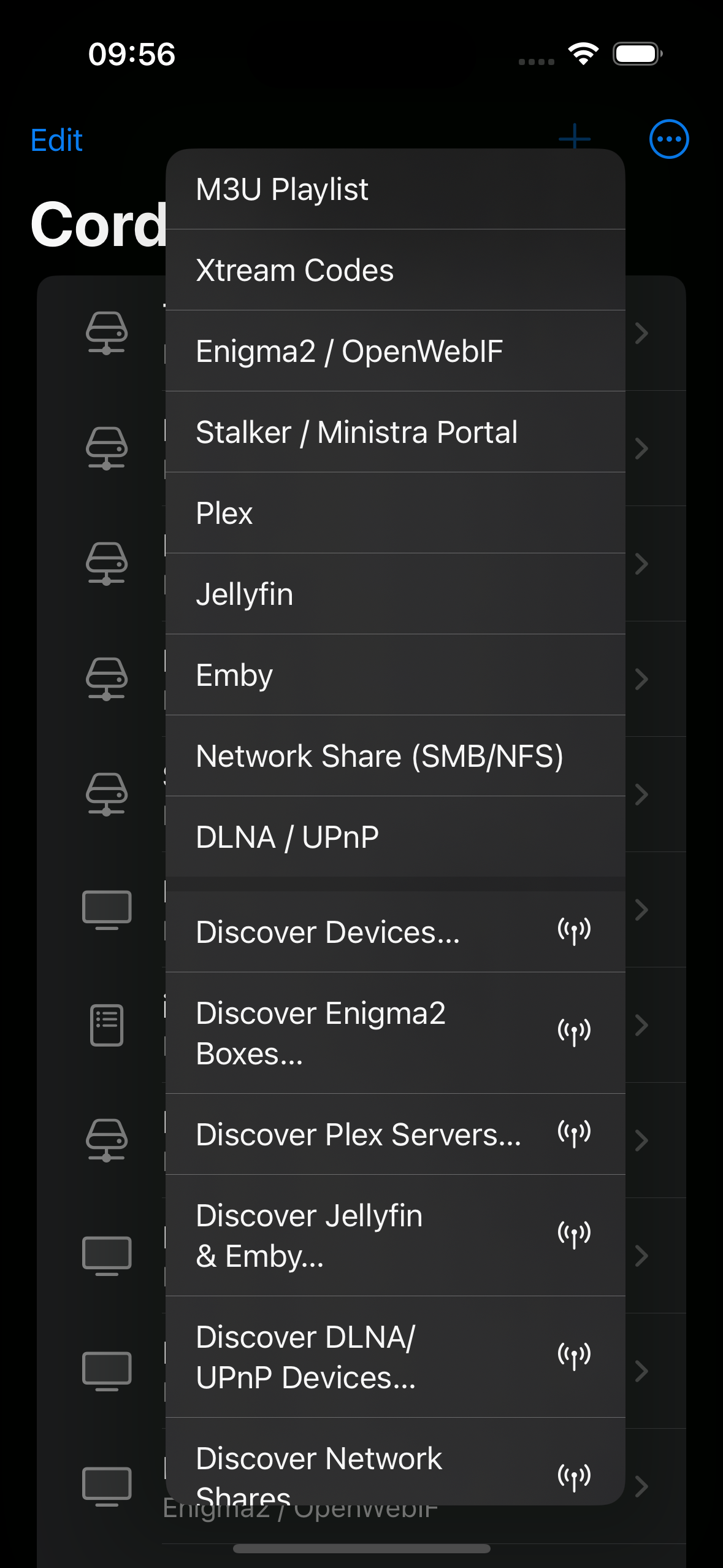 The Add Source menu, listing every source type with a Discover option alongside manual entry.