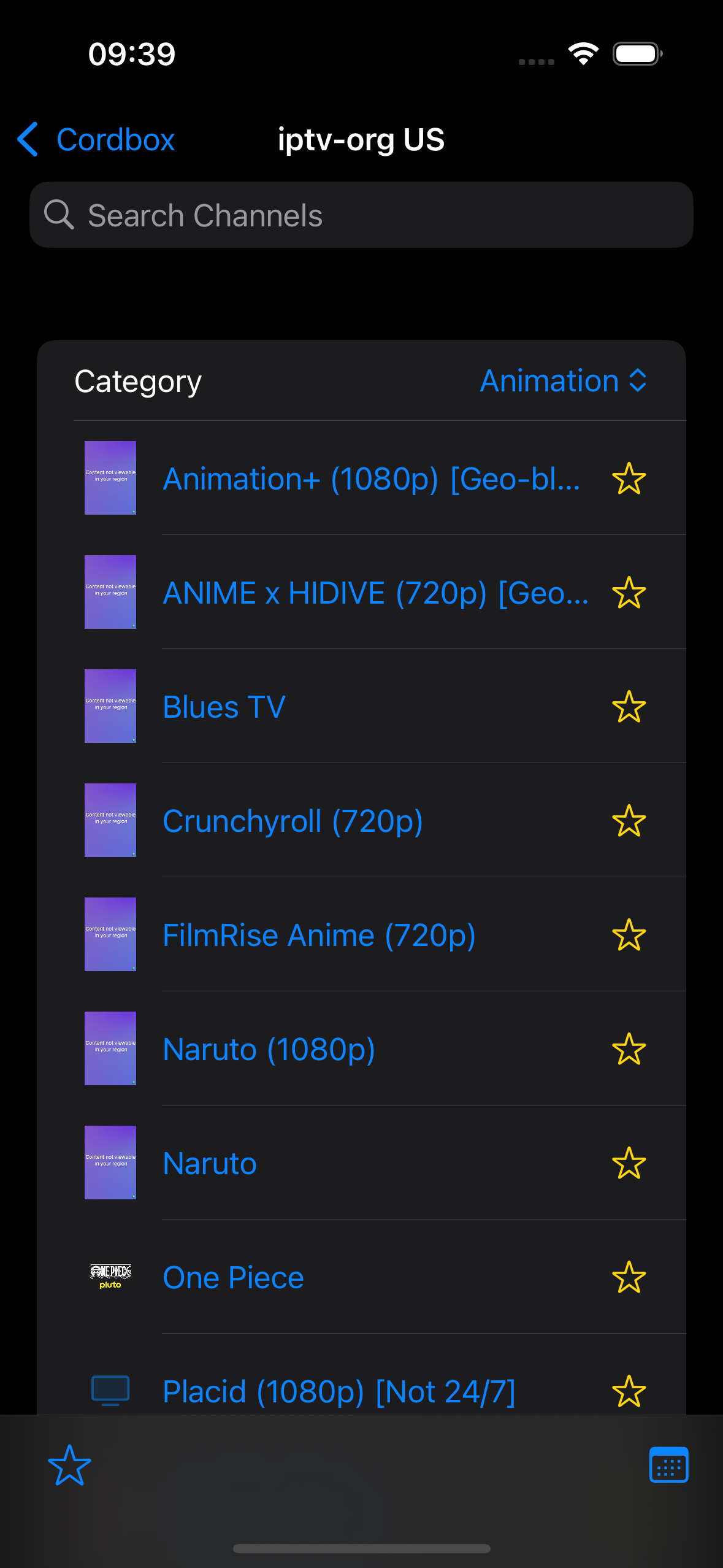 The channel list for a source, showing category filtering and favorited channels marked with a star.