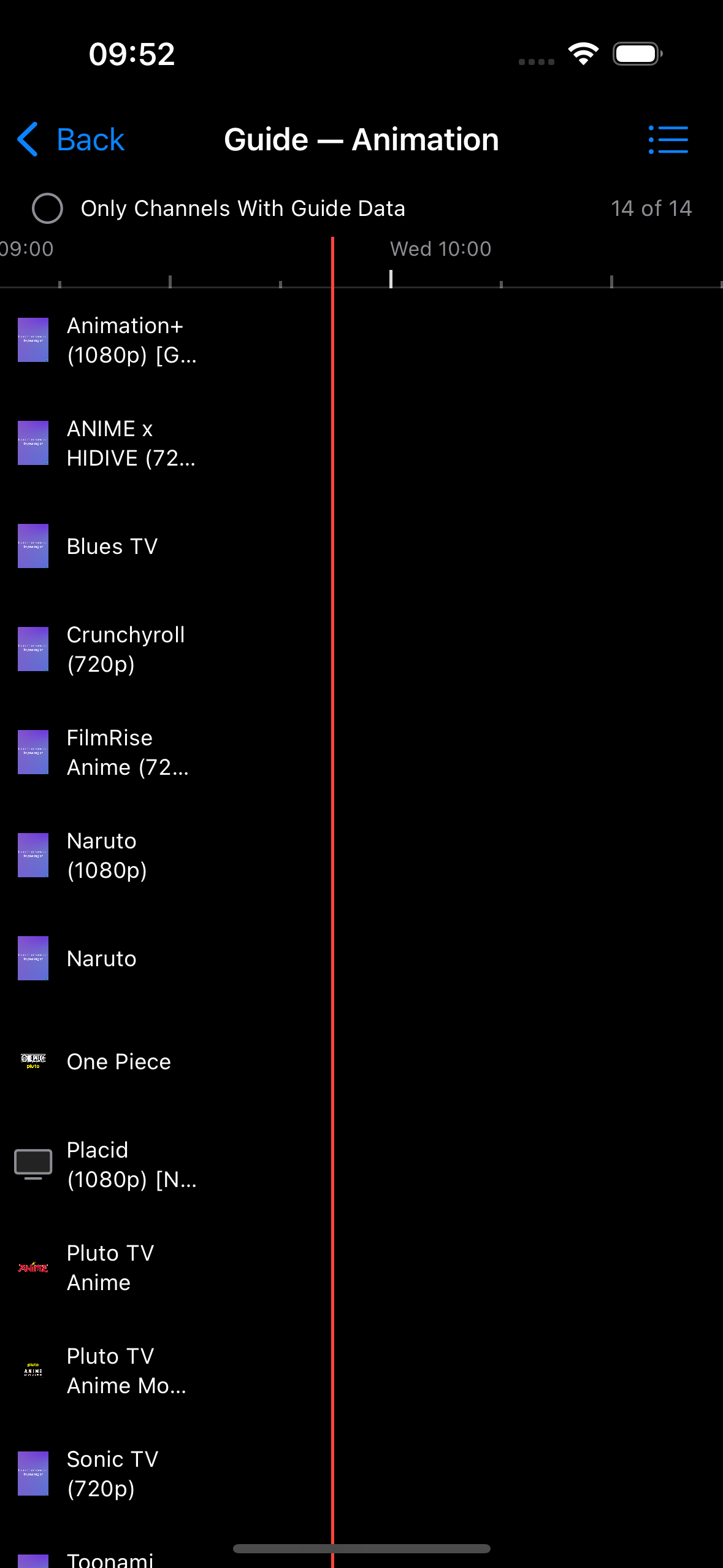 The grid guide view, showing every channel against a shared timeline with the current-time line.