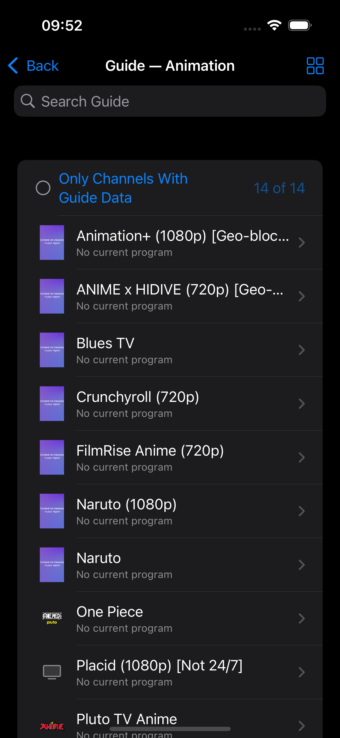 The list guide view, showing each channel's current and next programme.